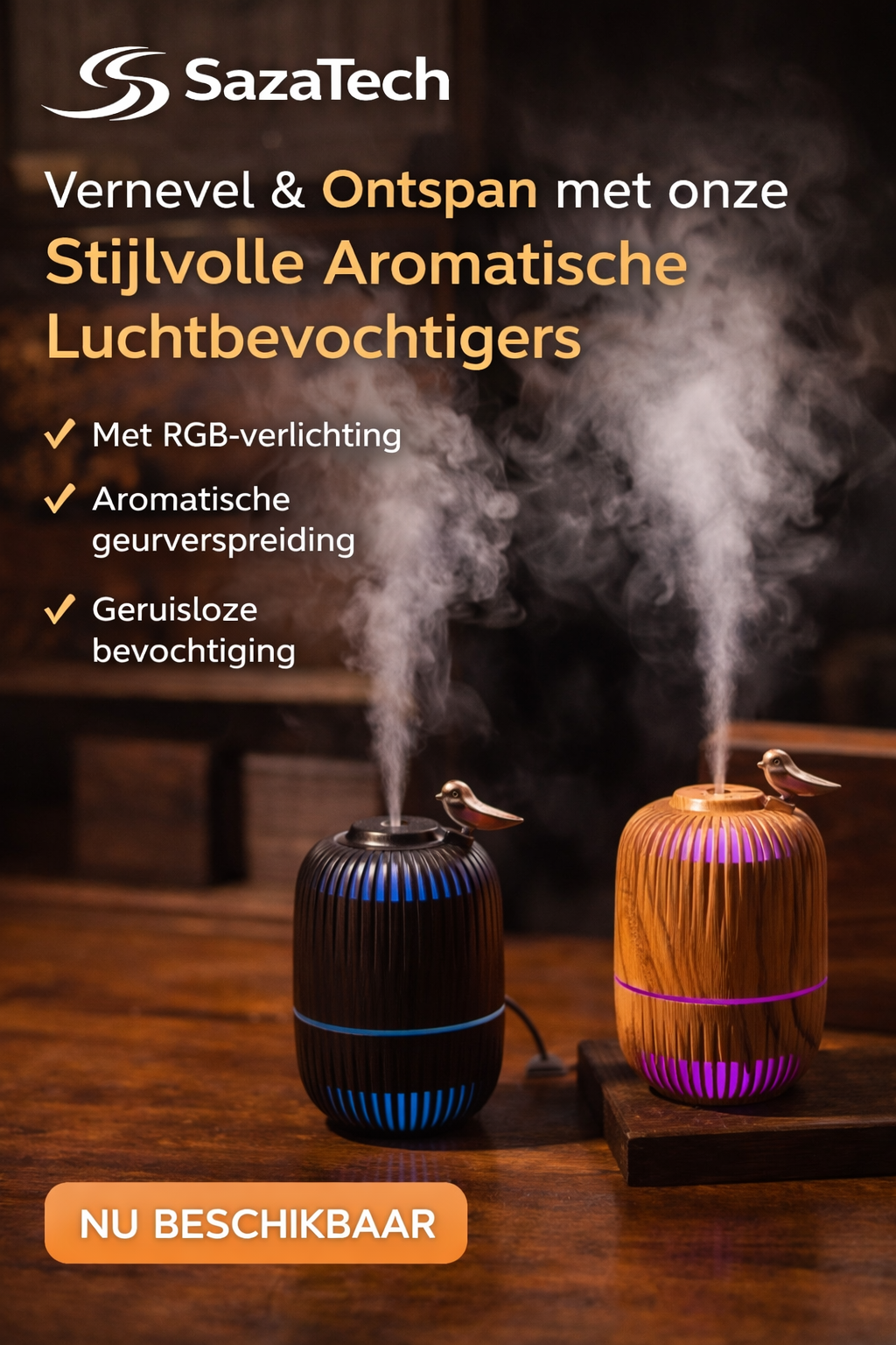SazaTech SX-E350 – Stijlvolle Aroma Diffuser met Licht & Mist