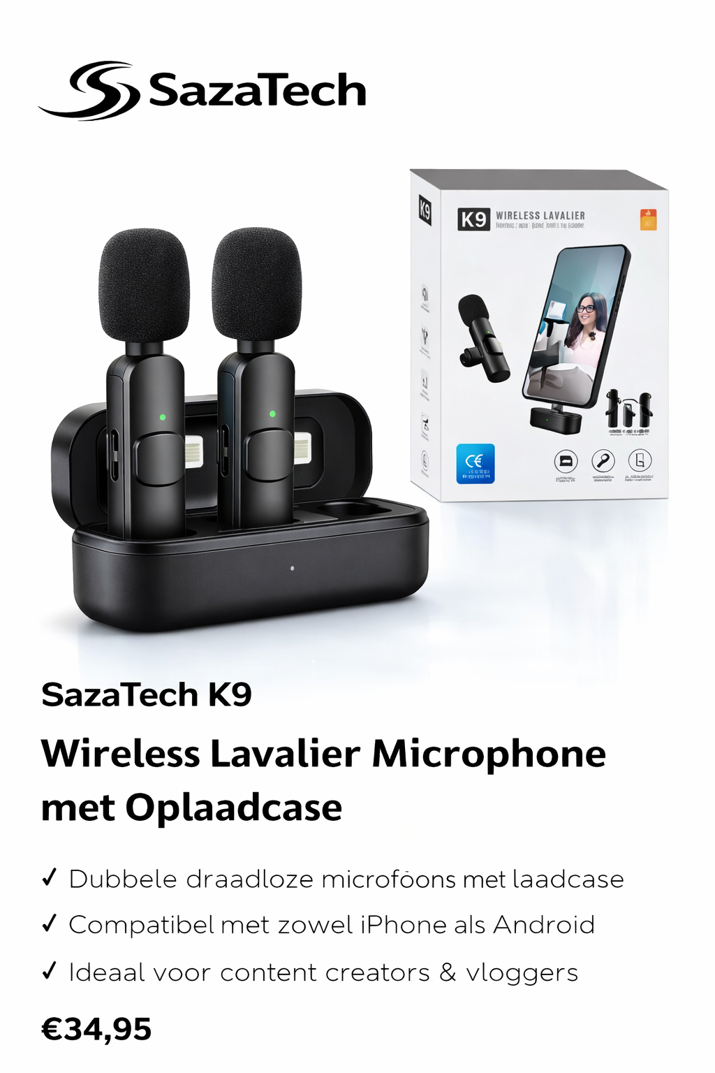 🎤 SazaTech K9 Wireless Lavalier Microphone (1-op-2 set)